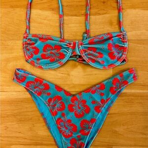 Frankie’s Bikinis Hibiscus Bikini Set in Blue and Red